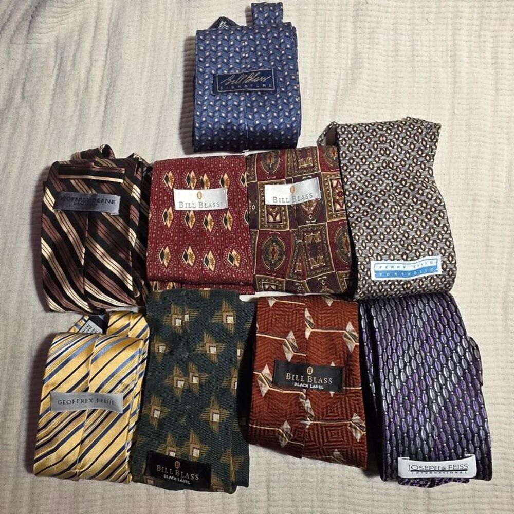 9pc Designer Tie Lot Bill Blass x5 Geoffrey Beene x2 Perry Ellis Joseph Feiss